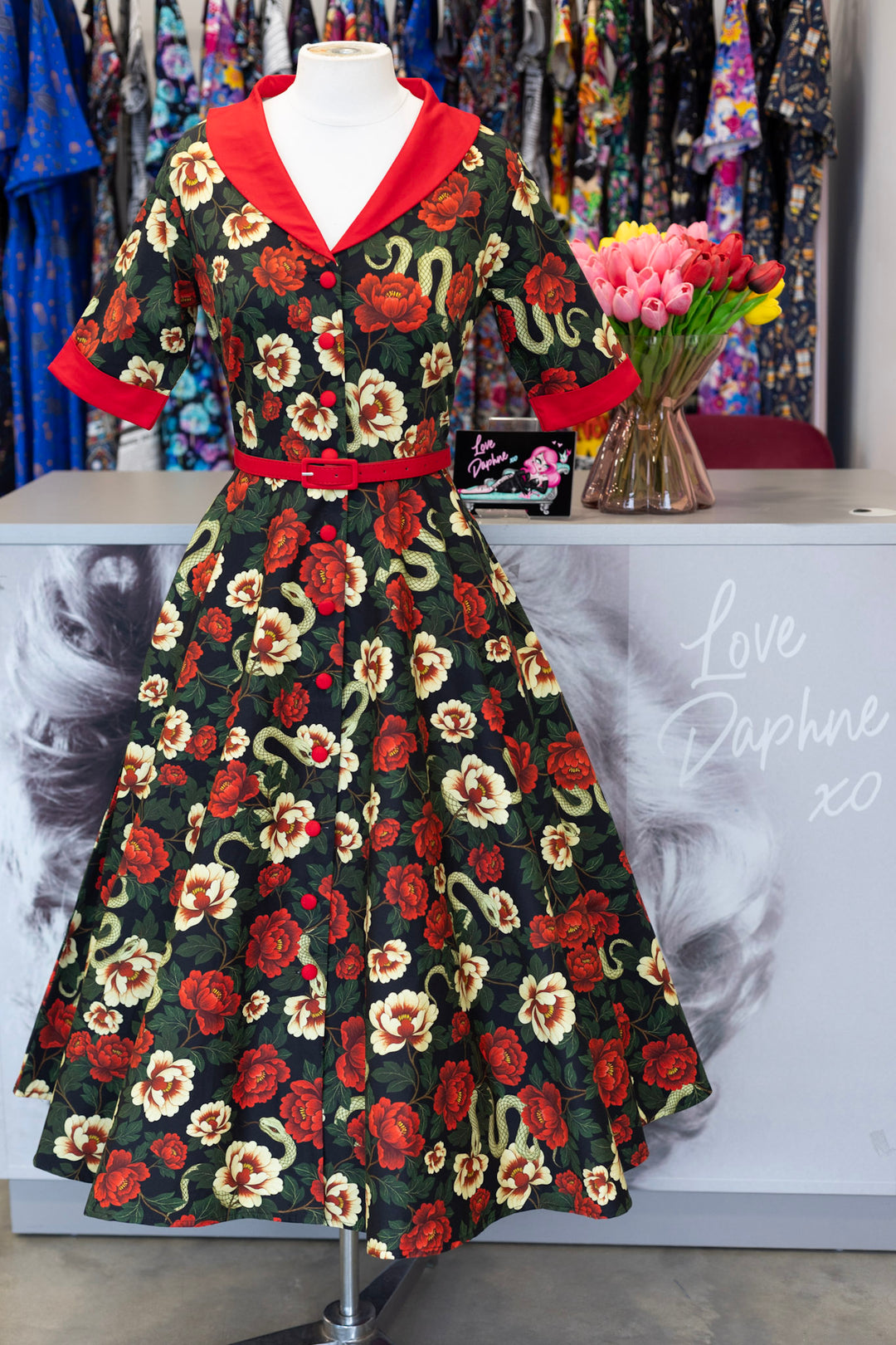 PREORDER - Mollie Black Snake & Rose Shirt Dress - Expected dispatch 8th of July