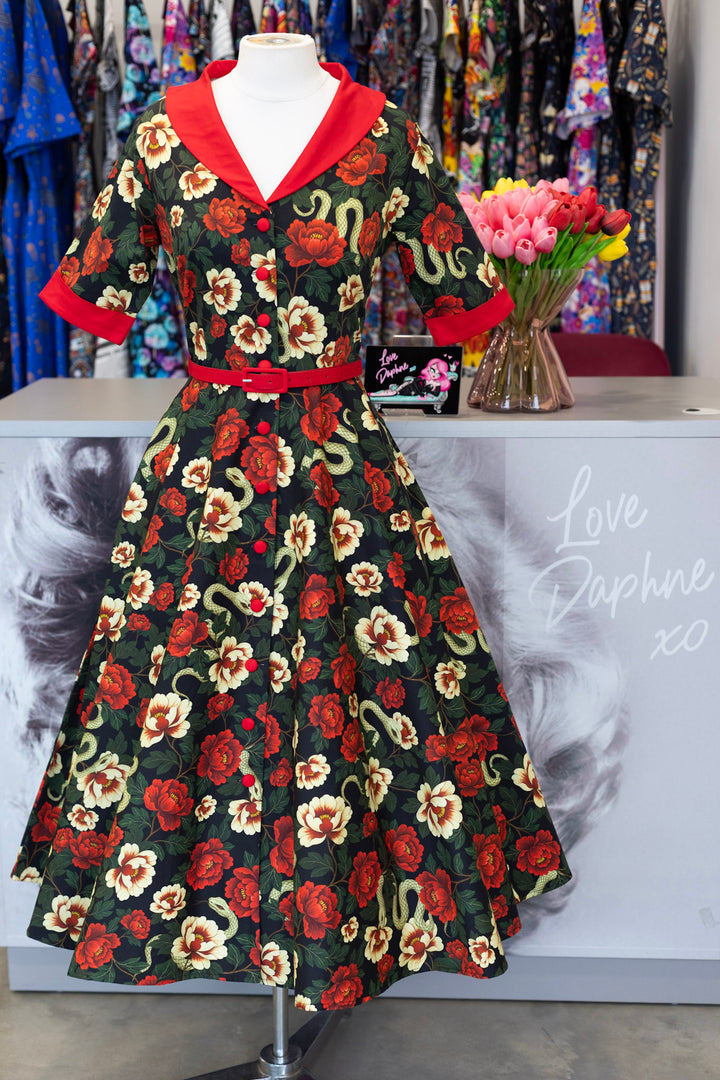 PREORDER - Mollie Black Snake & Rose Shirt Dress - Expected dispatch 8th of July