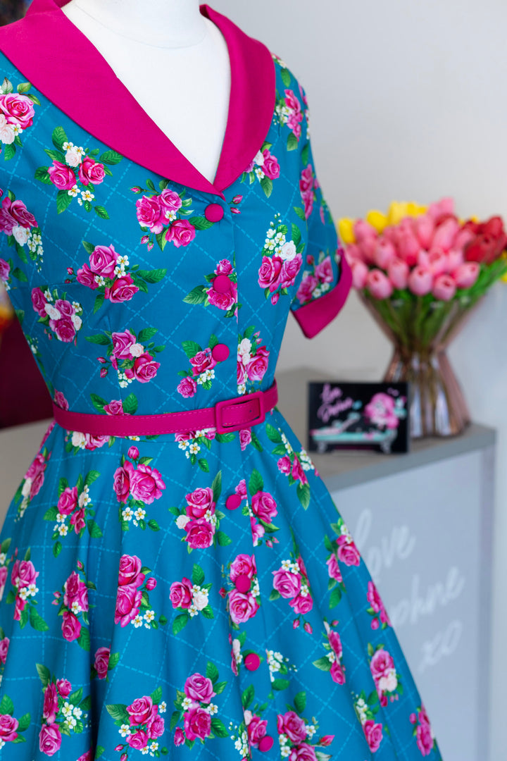 Mollie Blue & Pink Rose Shirt Dress