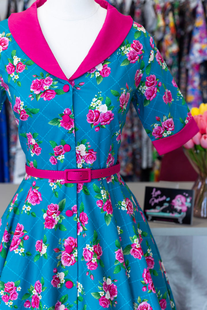 Mollie Blue & Pink Rose Shirt Dress