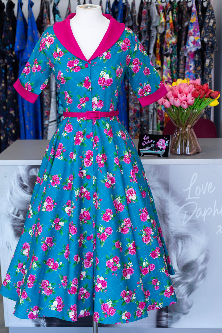 Mollie Blue & Pink Rose Shirt Dress