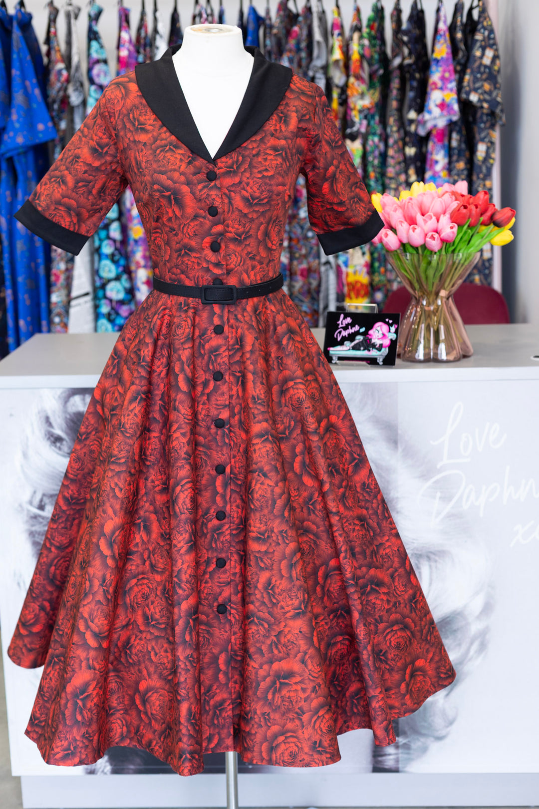 Mollie Gothic Red Peony Shirt Dress