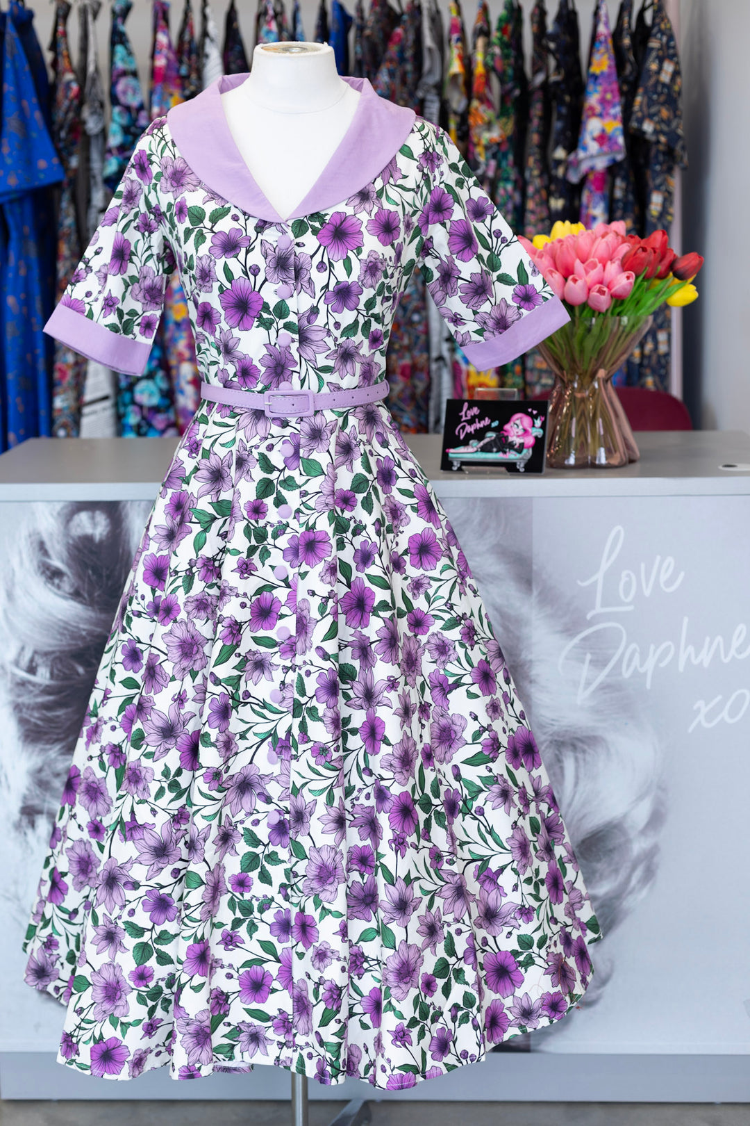 PREORDER - Mollie White Purple Anemone Shirt Dress - Expected dispatch 8th of July