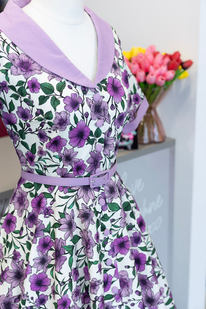 PREORDER - Mollie White Purple Anemone Shirt Dress - Expected dispatch 8th of July