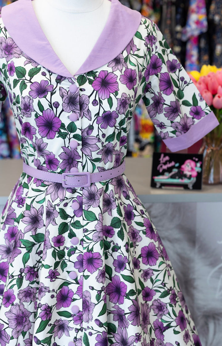 PREORDER - Mollie White Purple Anemone Shirt Dress - Expected dispatch 8th of July