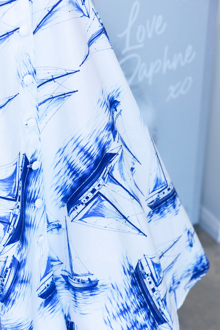 PREORDER - Mollie White Sail Boat Nautical Shirt Dress - Expected dispatch 7th of July