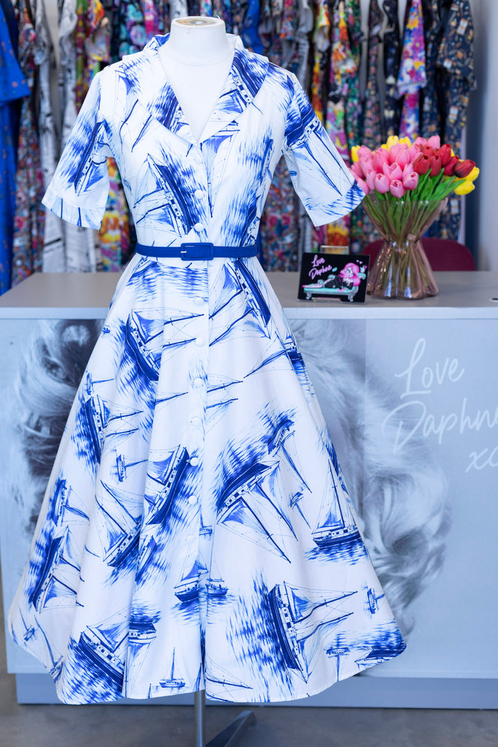 PREORDER - Mollie White Sail Boat Nautical Shirt Dress - Expected dispatch 7th of July
