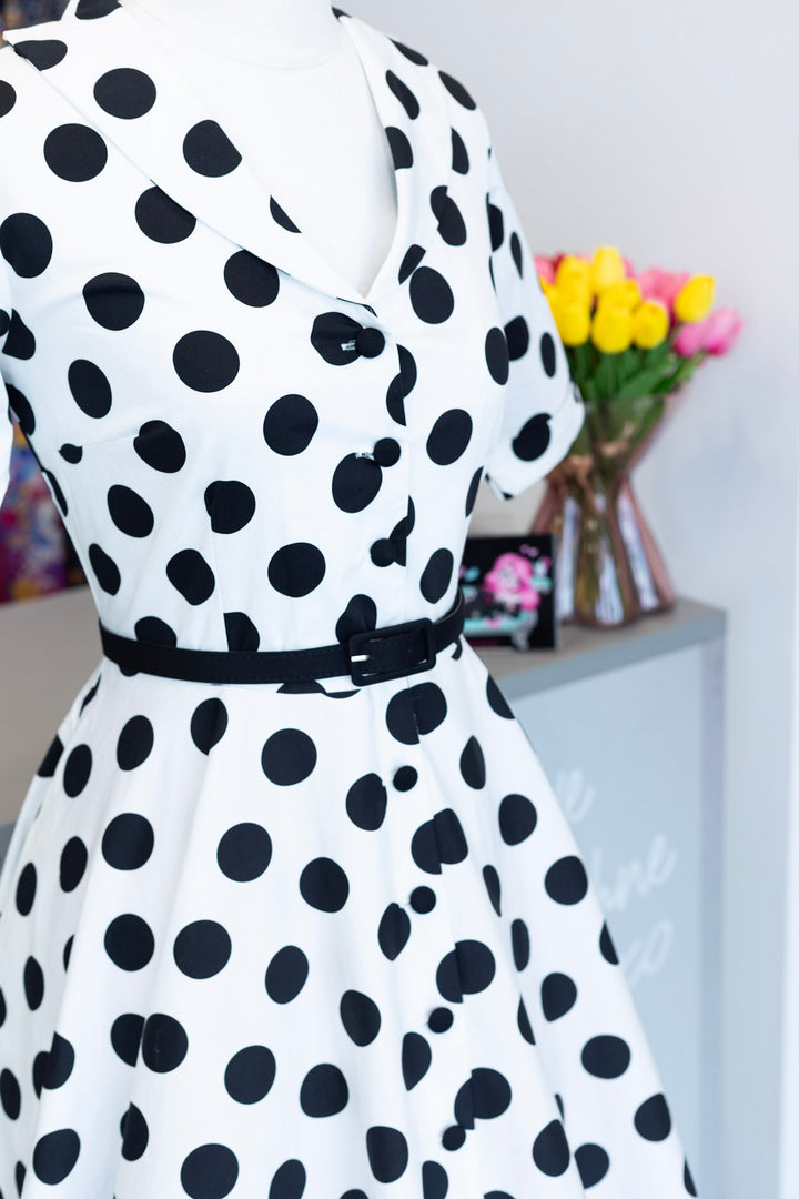 PREORDER - Mollie White and Black Polka Shirt Dress - Expected dispatch 1st of September