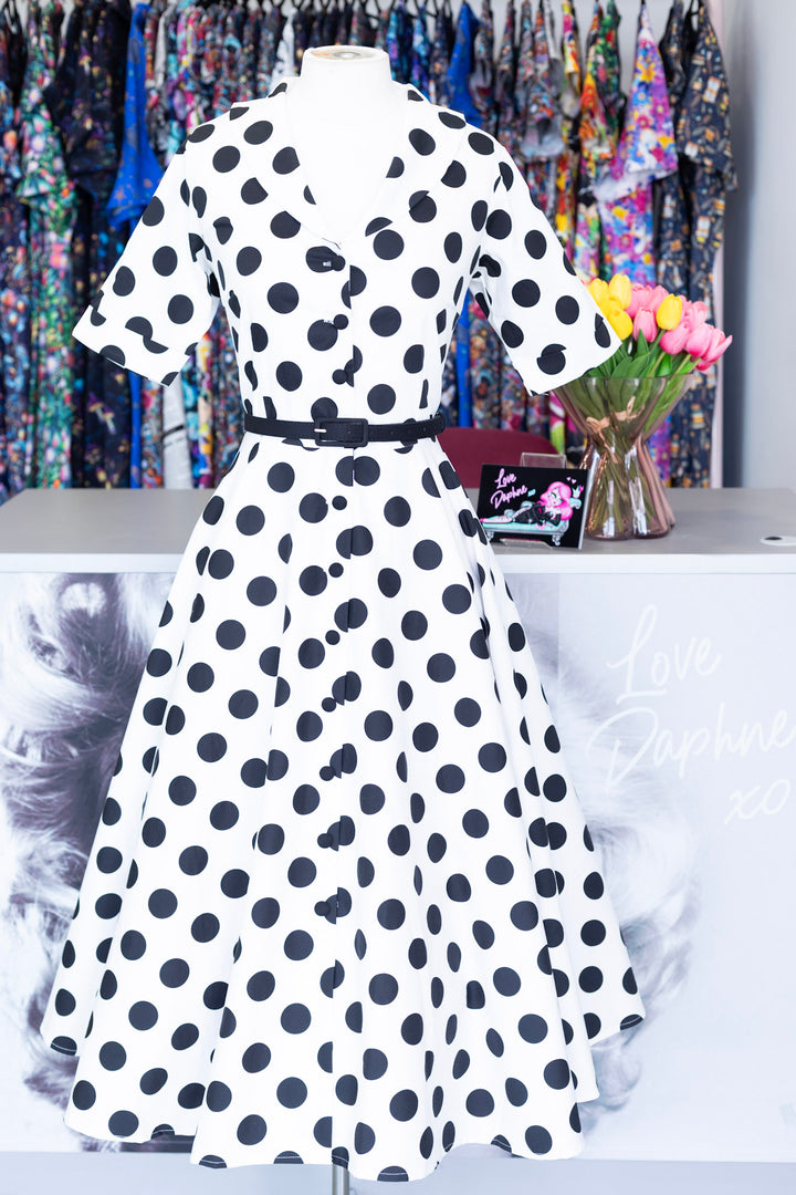 PREORDER - Mollie White and Black Polka Shirt Dress - Expected dispatch 1st of September