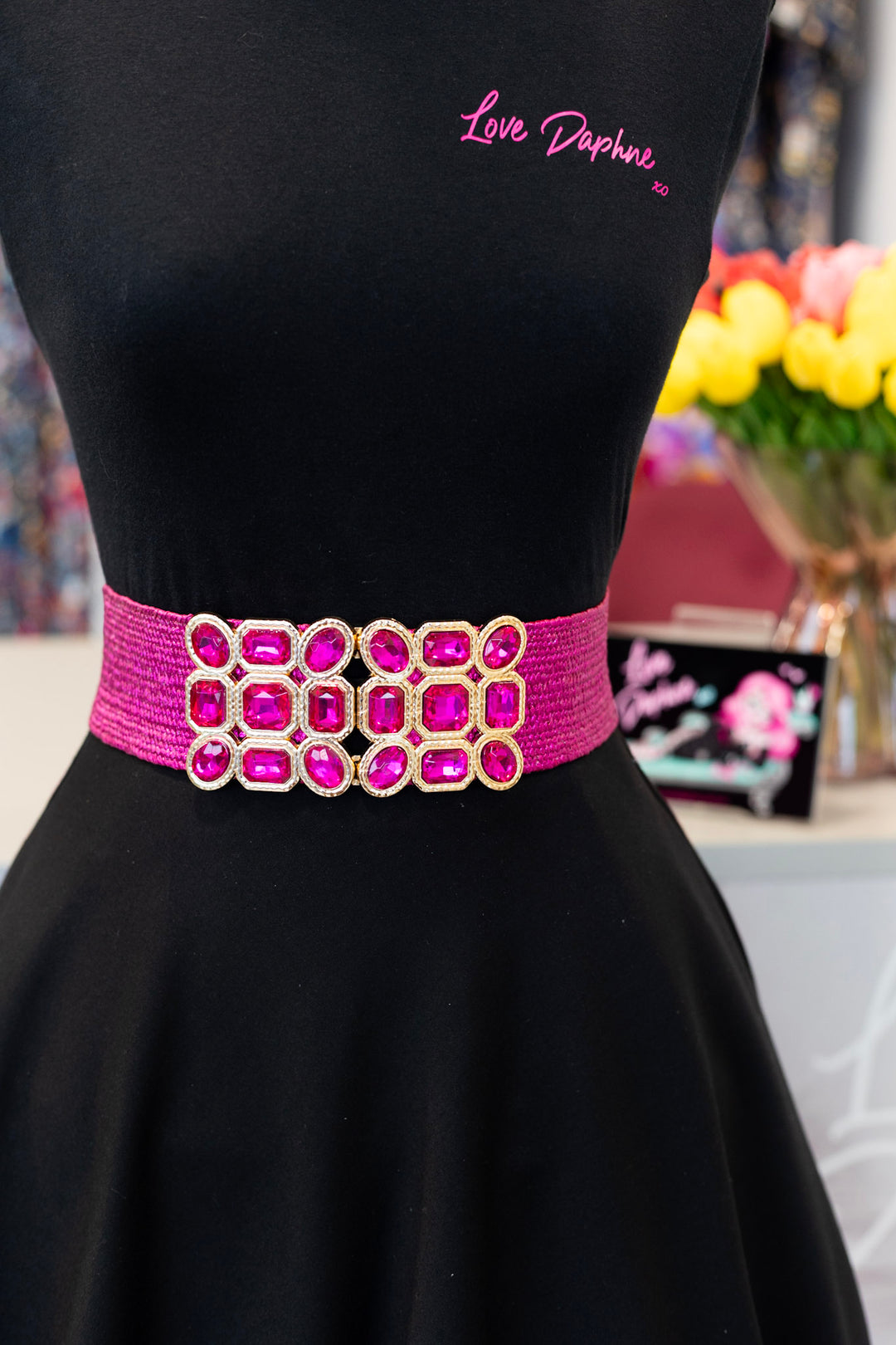 Multi Stone Metallic Straw Stretch Belt - Fuschia