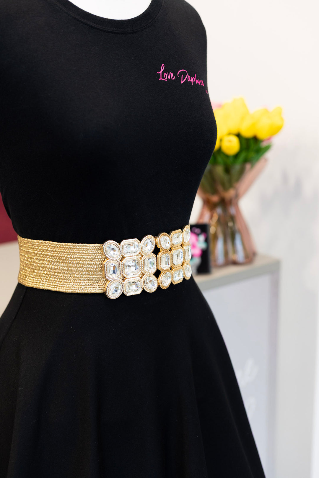 Multi Stone Metallic Straw Stretch Belt - Gold