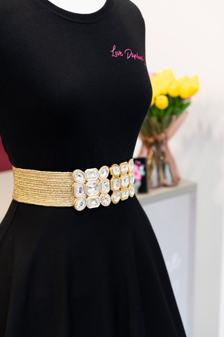 Multi Stone Metallic Straw Stretch Belt - Gold