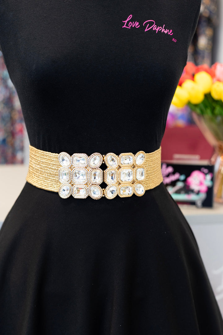 Multi Stone Metallic Straw Stretch Belt - Gold