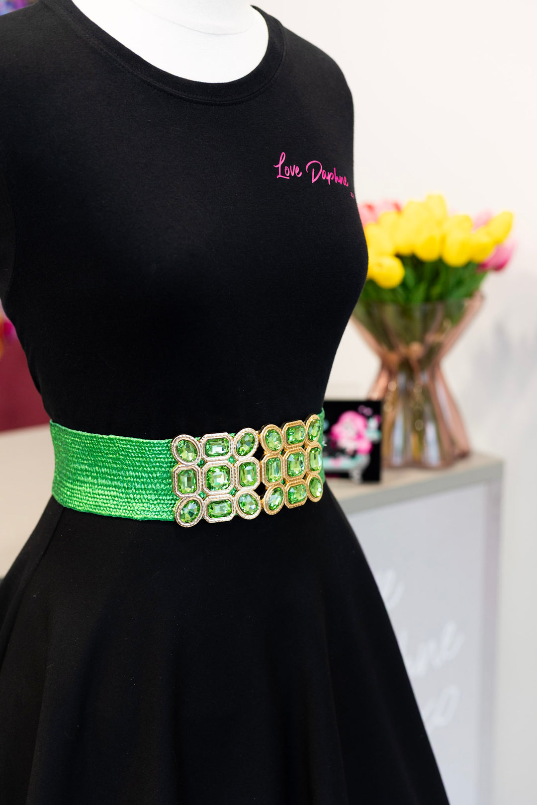 Multi Stone Metallic Straw Stretch Belt - Green