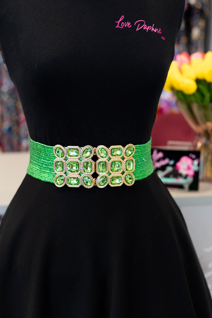 Multi Stone Metallic Straw Stretch Belt - Green