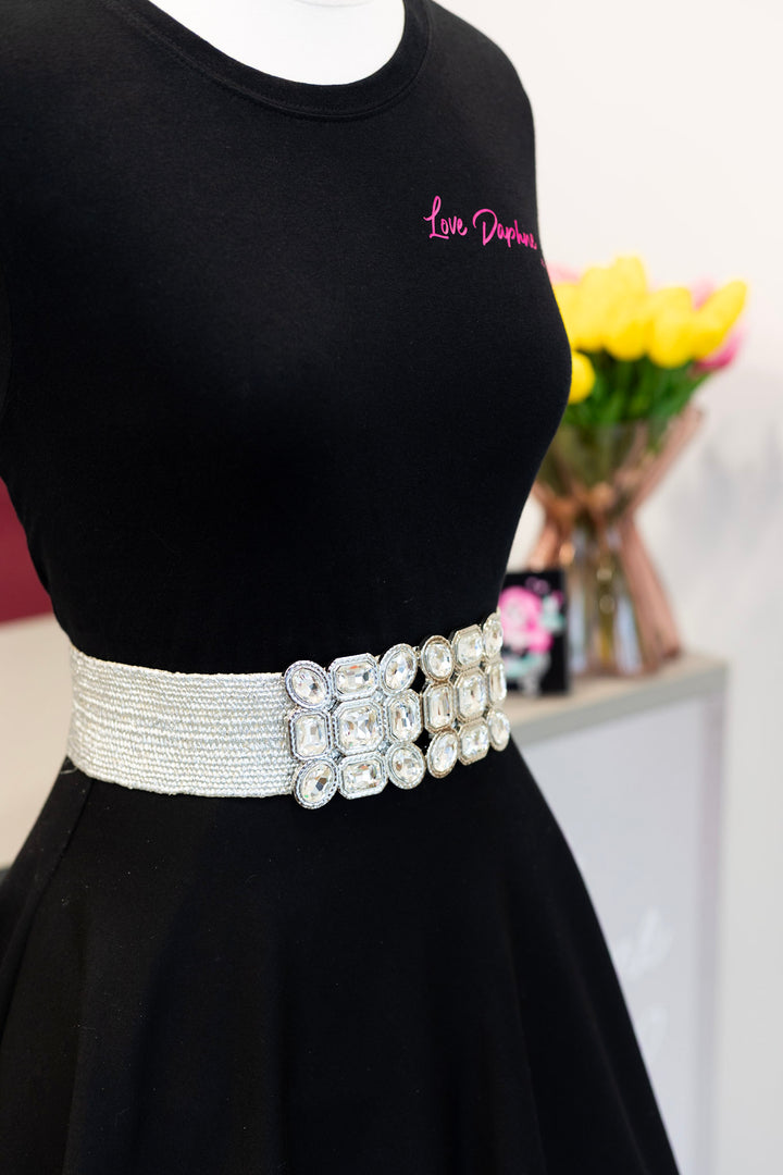 Multi Stone Metallic Straw Stretch Belt - Silver