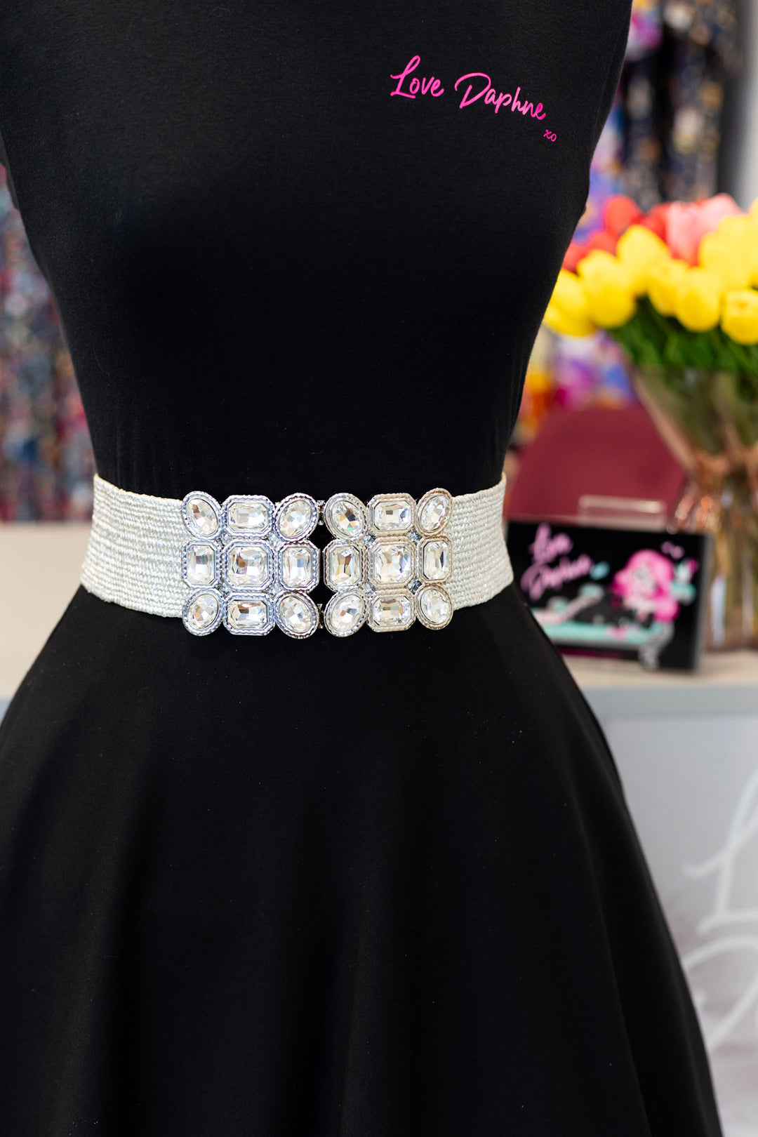 Multi Stone Metallic Straw Stretch Belt - Silver