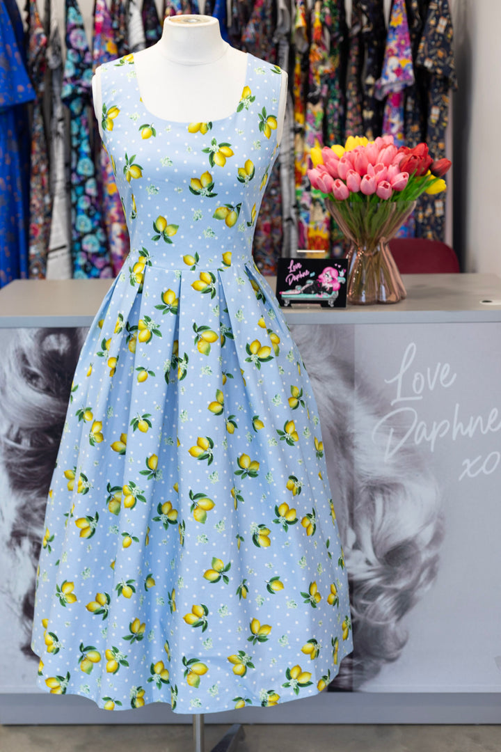 PRE-ORDER - Ophelia Blue Lemon Polka Dress - Expected dispatch 7th of July