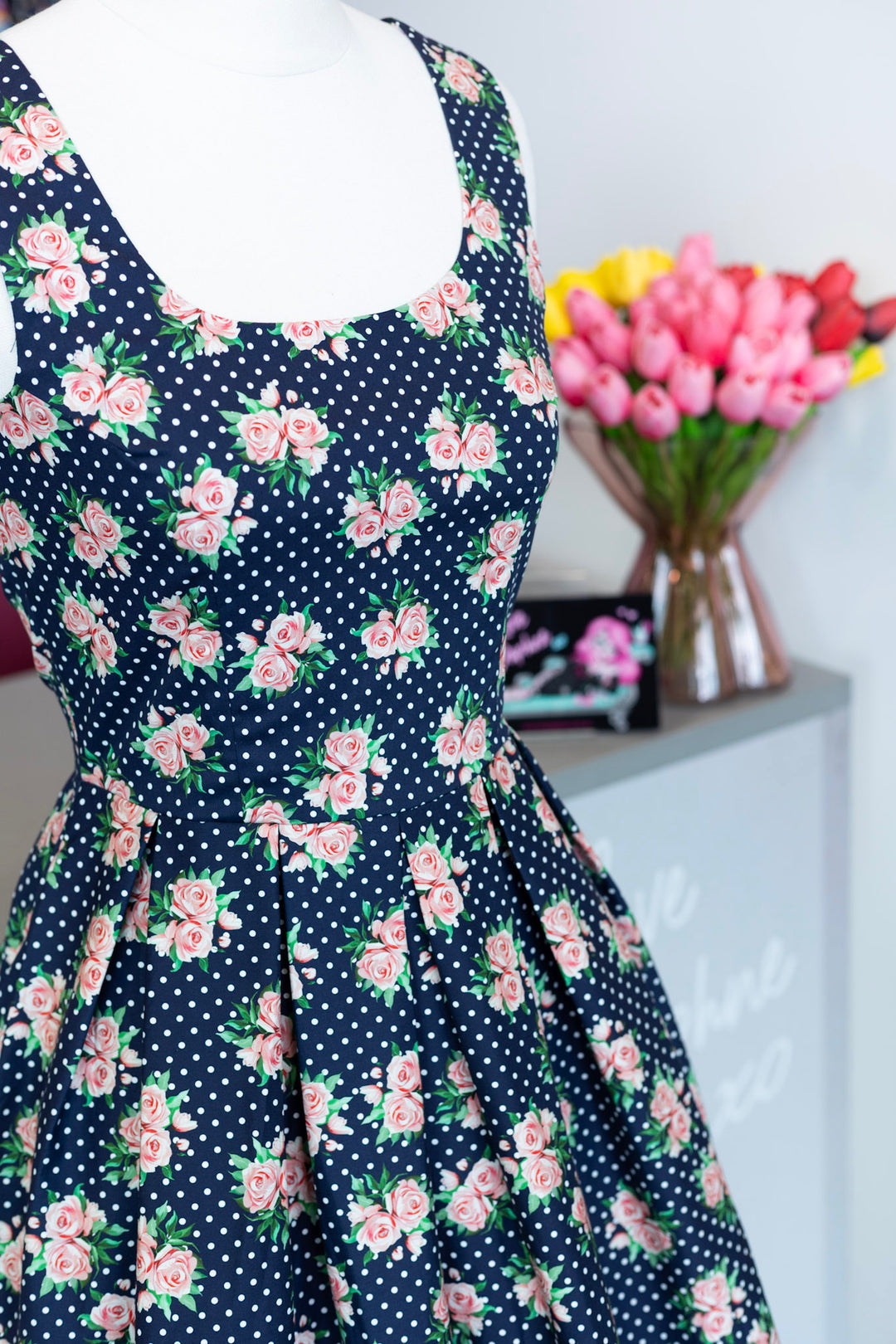 PRE-ORDER - Ophelia Navy Blue Roses Polka Dress - Expected dispatch 7th of July