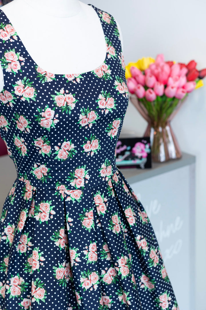 PRE-ORDER - Ophelia Navy Blue Roses Polka Dress - Expected dispatch 7th of July