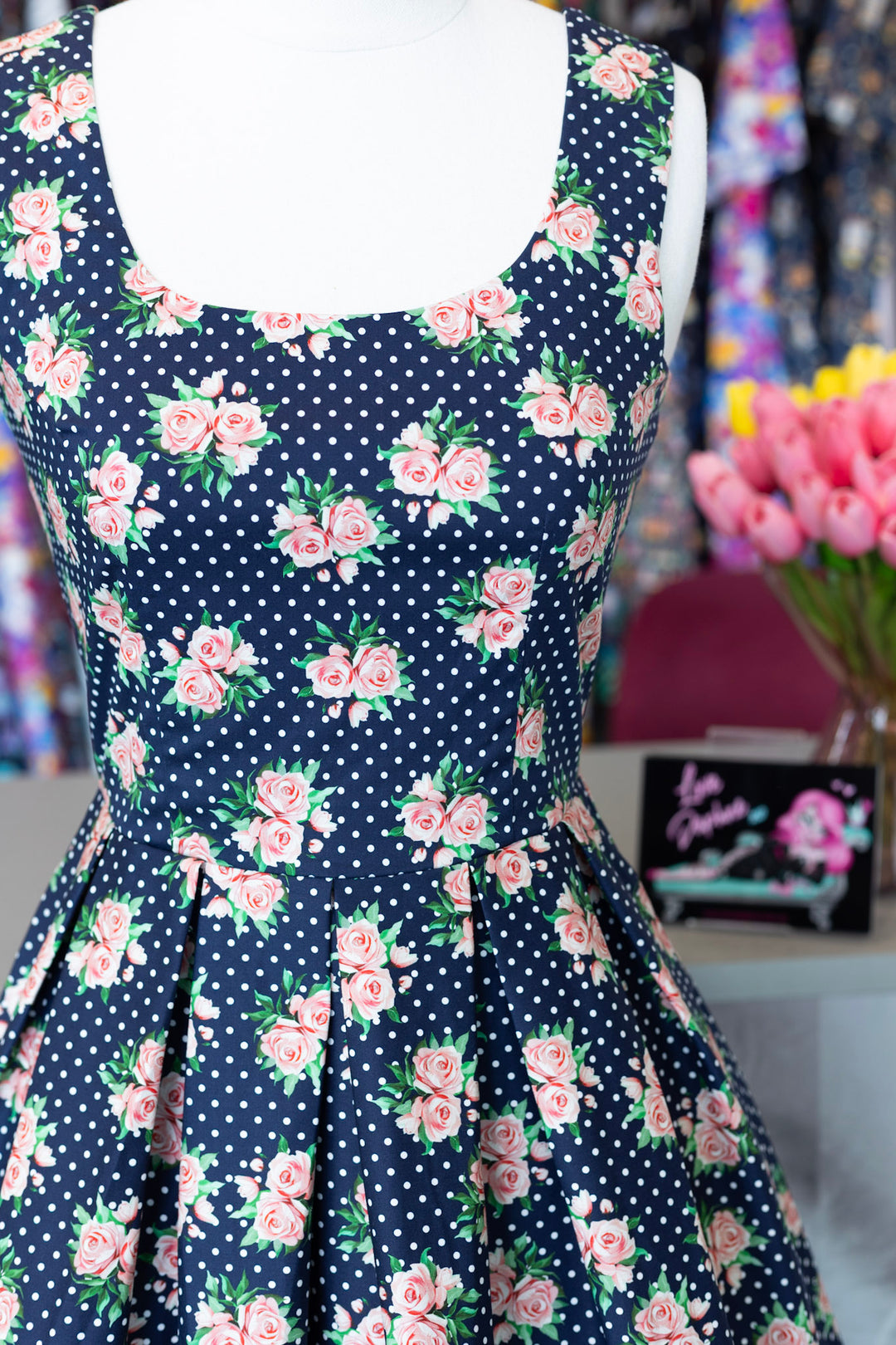 PRE-ORDER - Ophelia Navy Blue Roses Polka Dress - Expected dispatch 7th of July