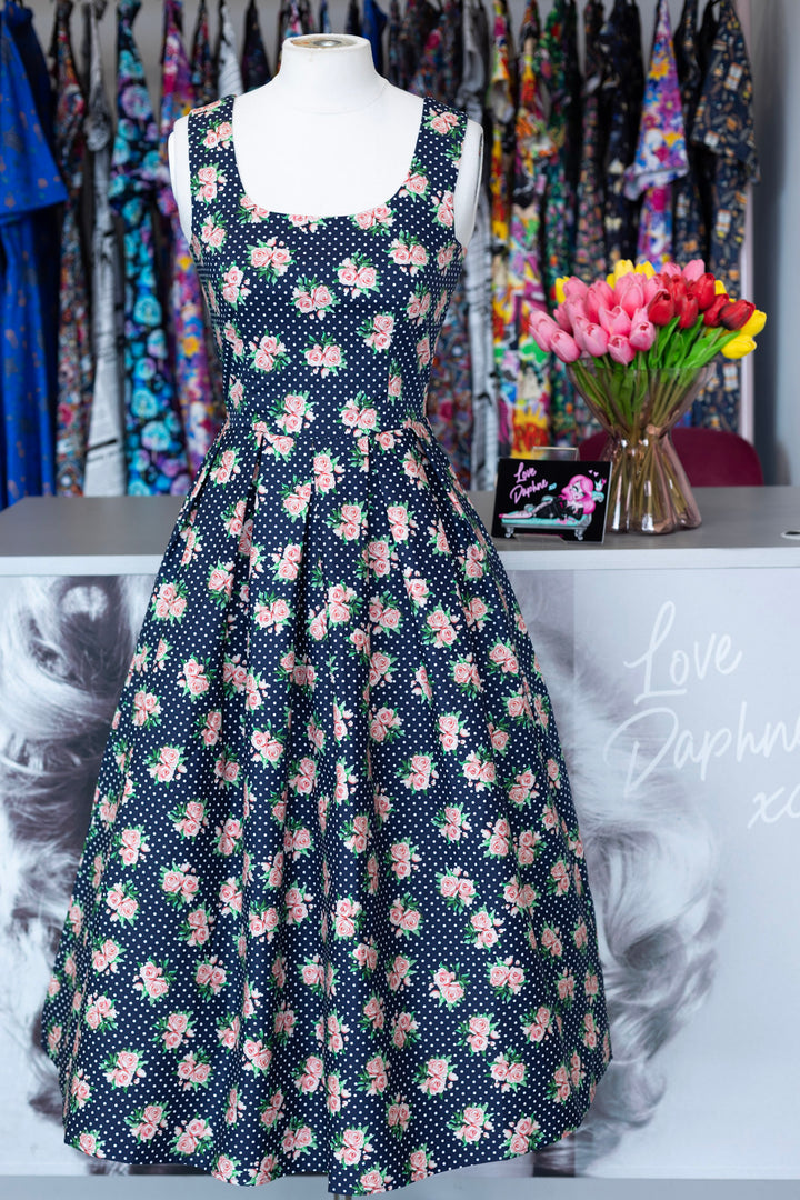 PRE-ORDER - Ophelia Navy Blue Roses Polka Dress - Expected dispatch 7th of July