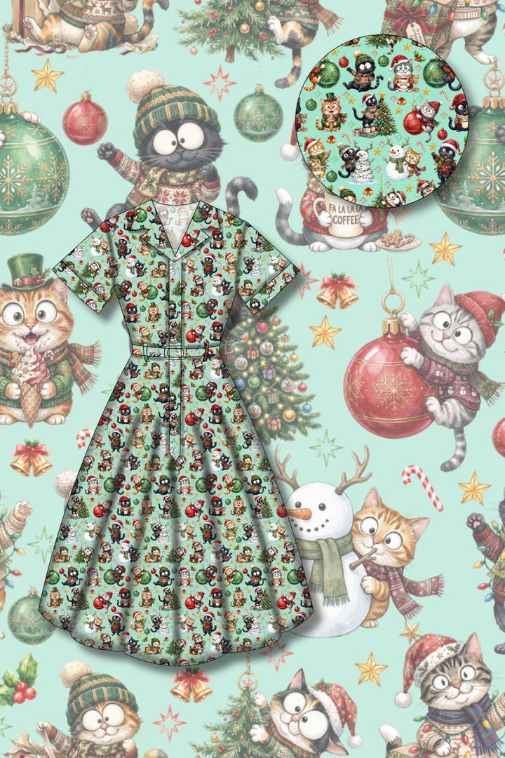 PREORDER - Peggy Swing Dress - Festive Felines - Estimated dispatch date 5th of November