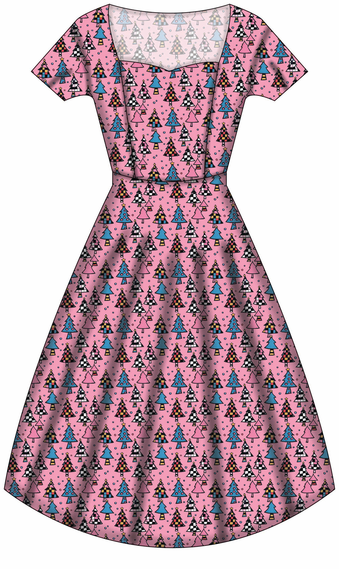 Pixie Sweetheart Dress - Retro Christmas Trees - Preorder for dispatch 28th of October