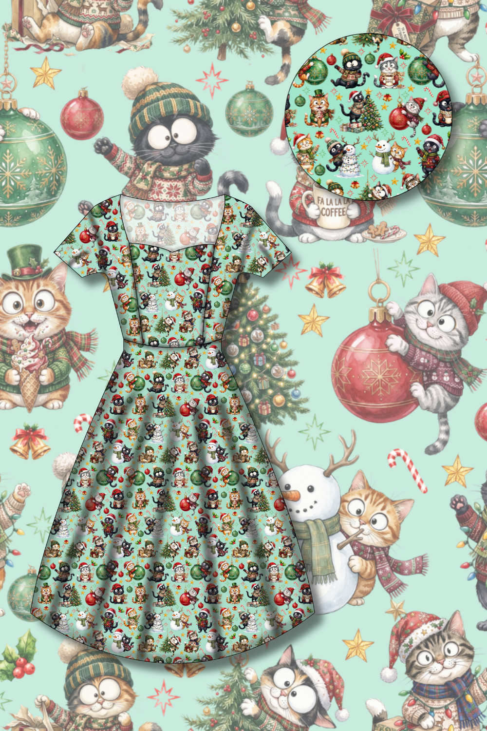 PREORDER - Pixie Swing Dress - Festive Felines - Estimated dispatch date 5th of November