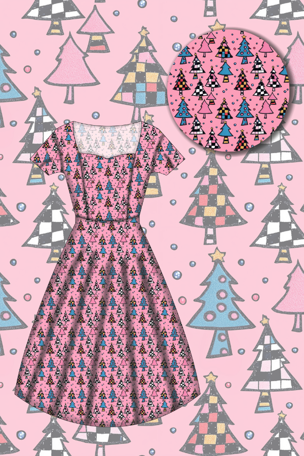 Pixie Sweetheart Dress - Retro Christmas Trees - Preorder for dispatch 28th of October