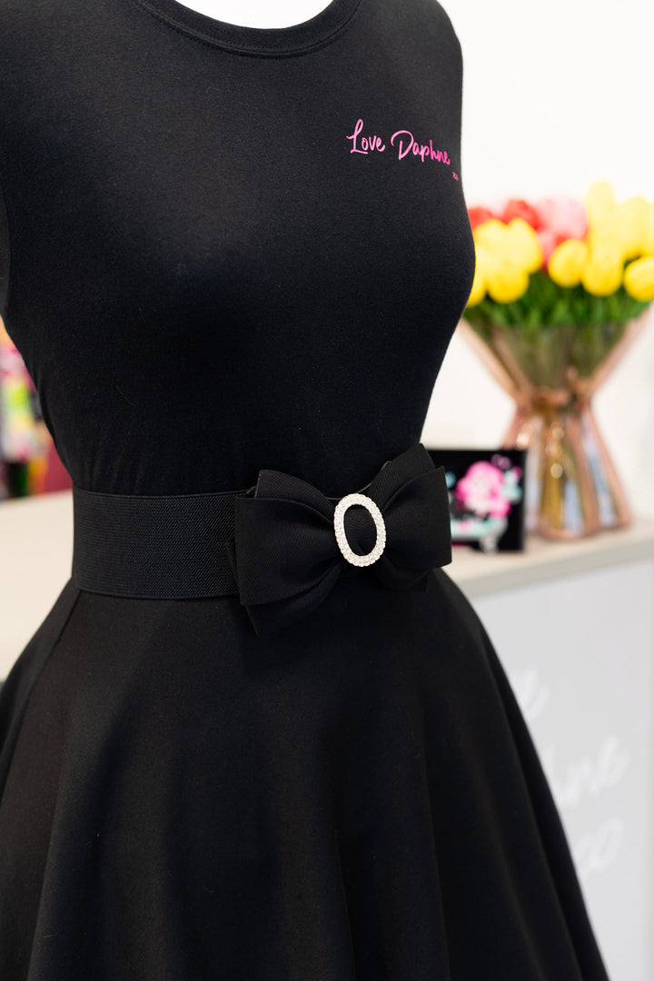 Rhinestone Bow Buckle Stretch Belt - Black