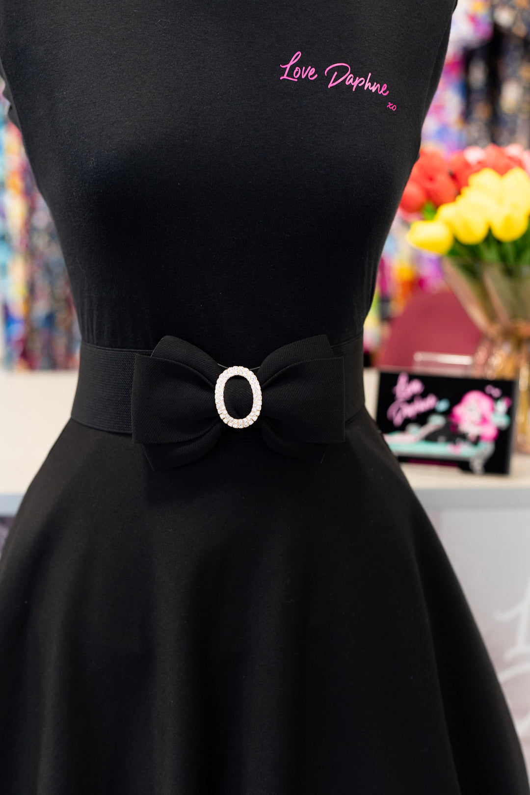 Rhinestone Bow Buckle Stretch Belt - Black