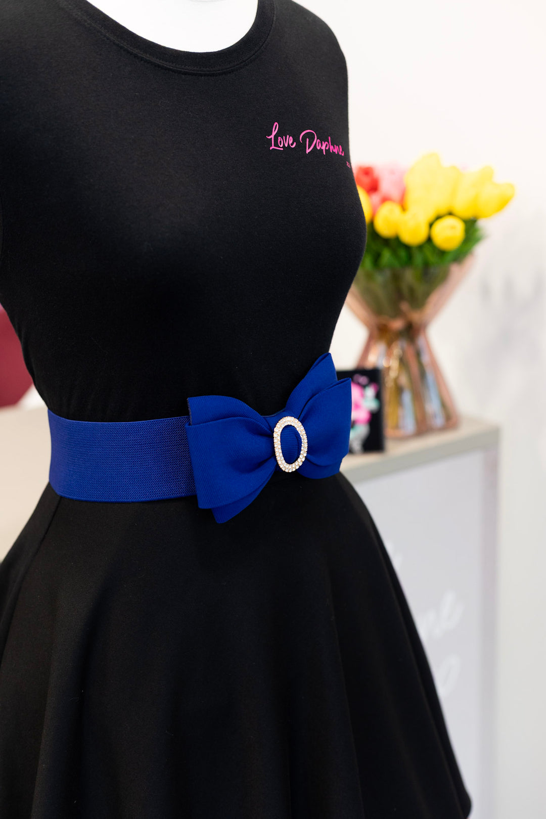 Rhinestone Bow Buckle Stretch Belt - Cobalt