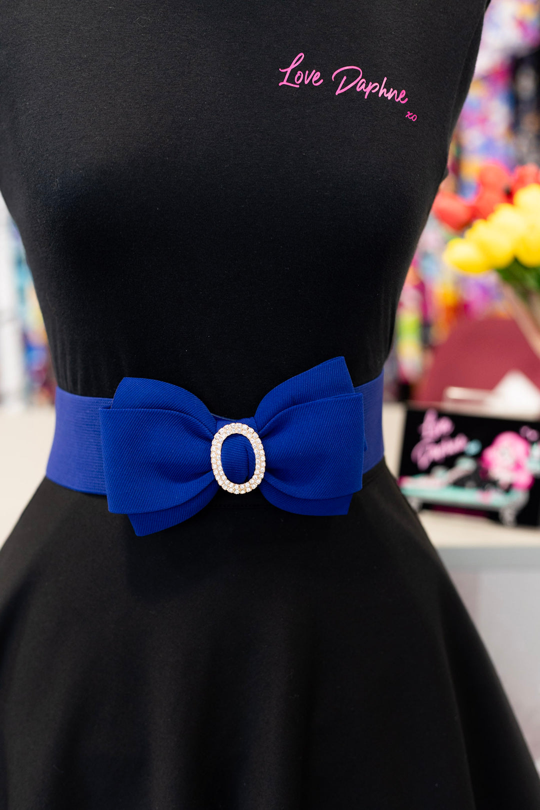 Rhinestone Bow Buckle Stretch Belt - Cobalt