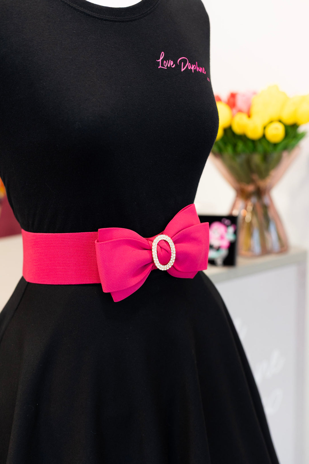 Rhinestone Bow Buckle Stretch Belt - Fuschia