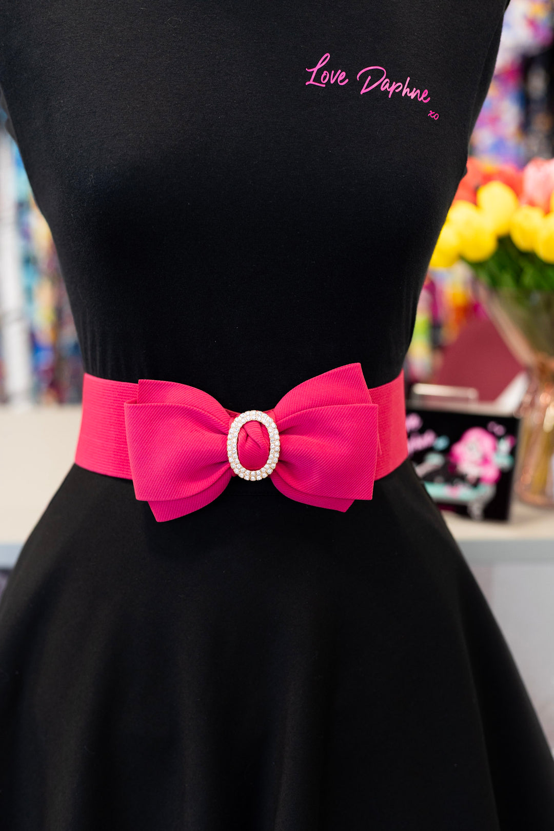Rhinestone Bow Buckle Stretch Belt - Fuschia