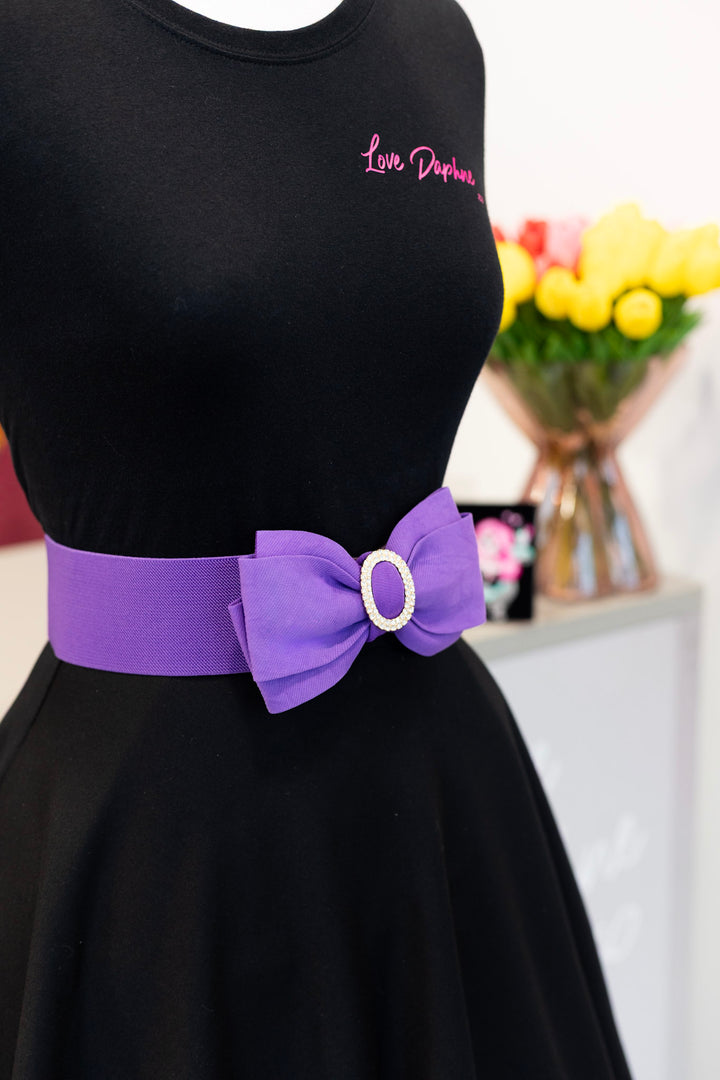 Rhinestone Bow Buckle Stretch Belt - Purple