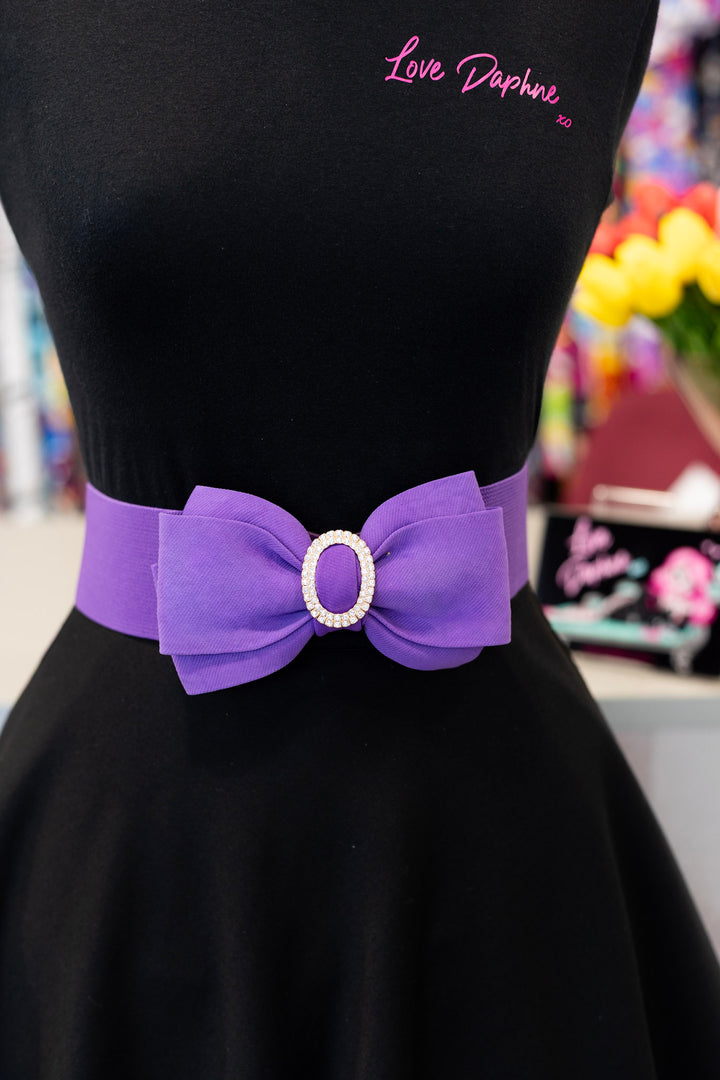 Rhinestone Bow Buckle Stretch Belt - Purple