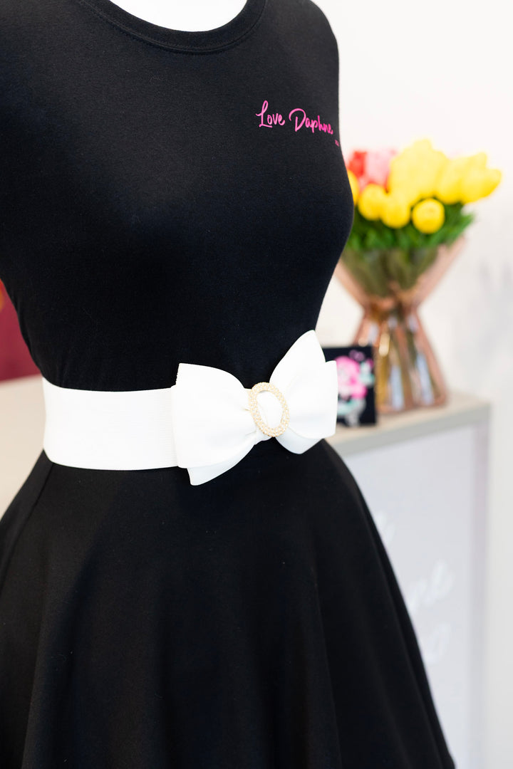 Rhinestone Bow Buckle Stretch Belt - White