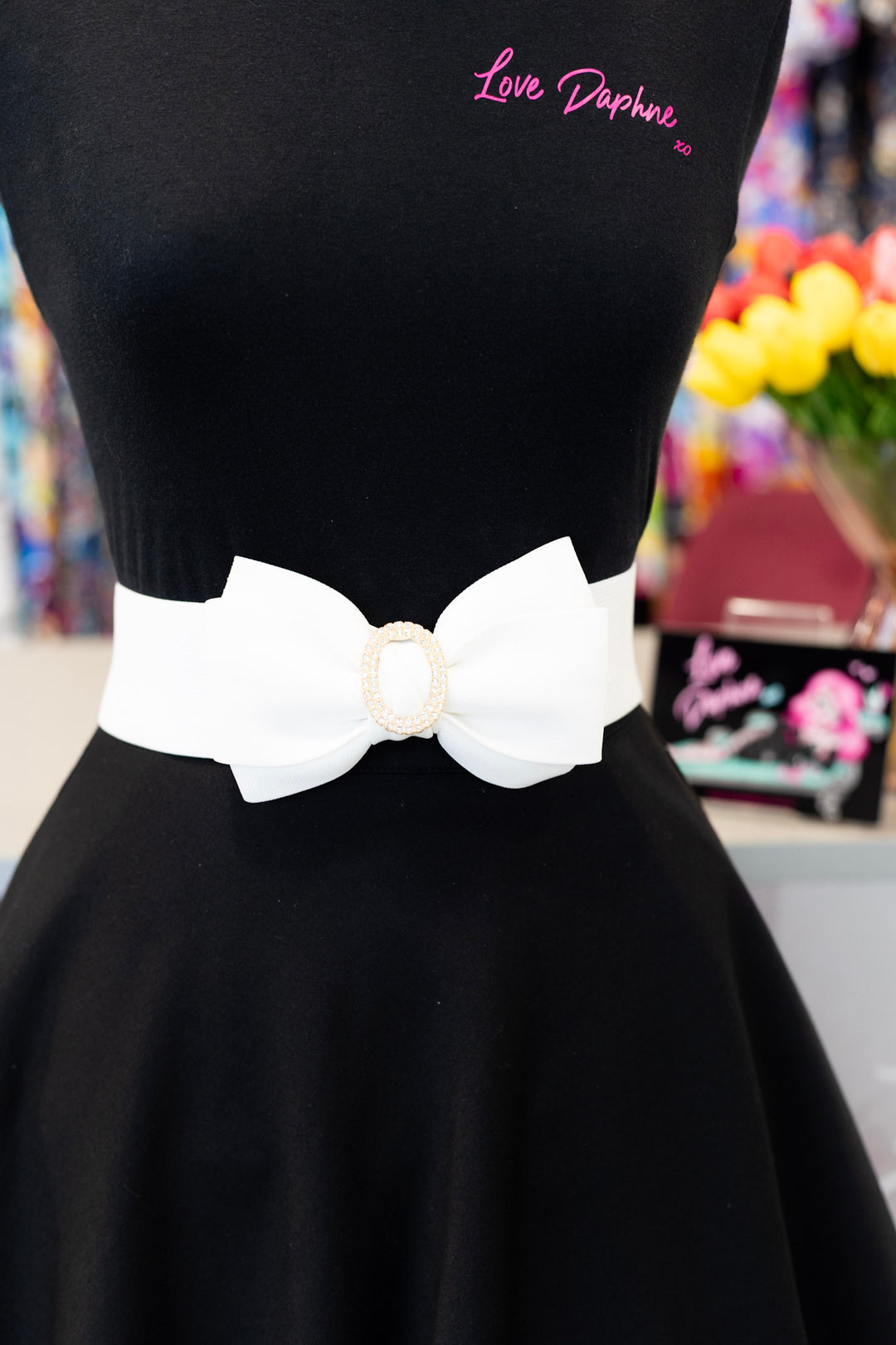 Rhinestone Bow Buckle Stretch Belt - White