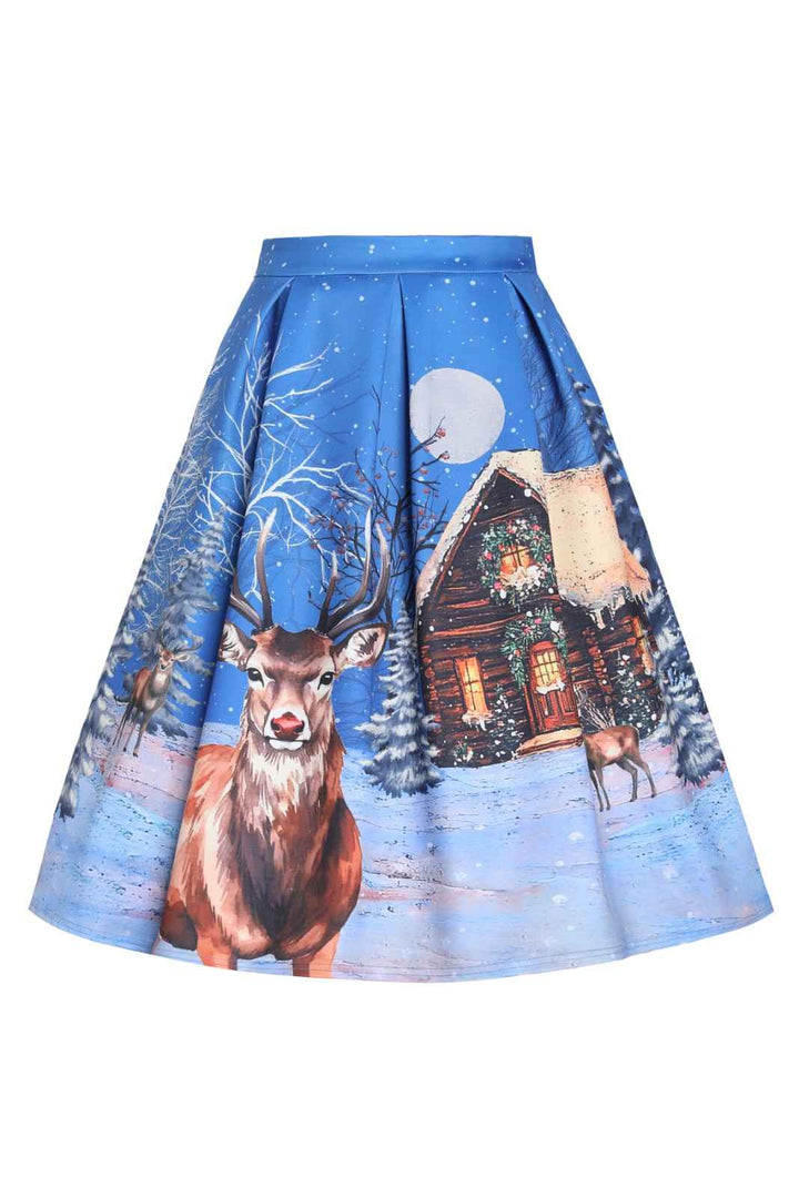PREORDER - Aisley Blue Reindeer Pleated Midi Skirt - Estimated dispatch 28th of November