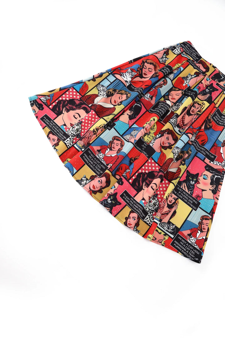 PREORDER - Aisley Cat Comic Strip Pleated Midi Skirt - Estimated dispatch 28th of November