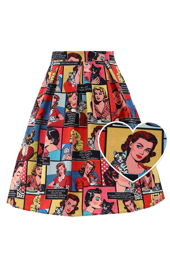 PREORDER - Aisley Cat Comic Strip Pleated Midi Skirt - Estimated dispatch 28th of November