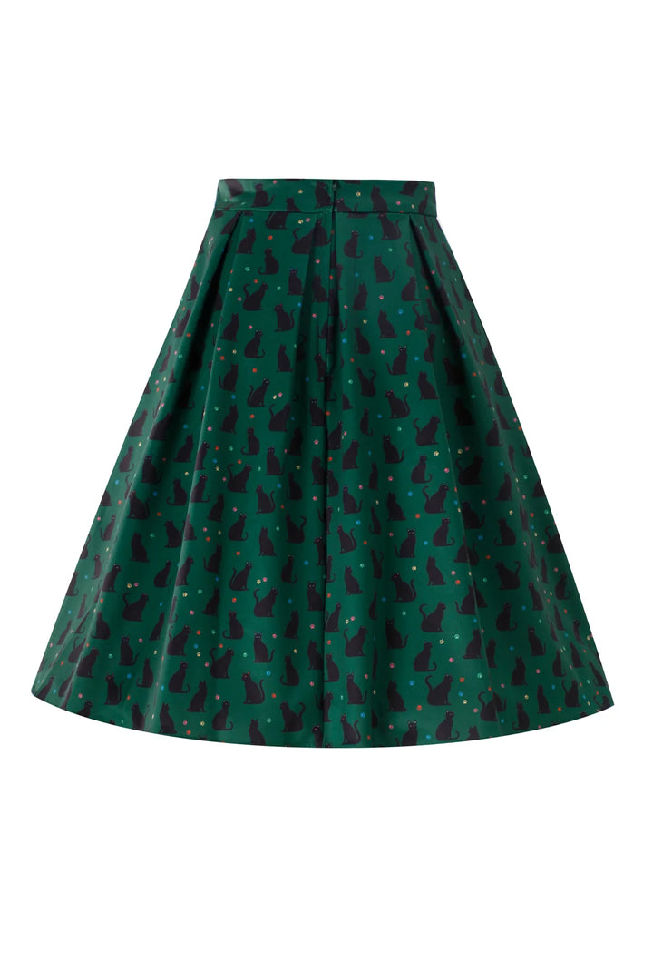 Aisley Black Cat on Green Pleated Midi Skirt