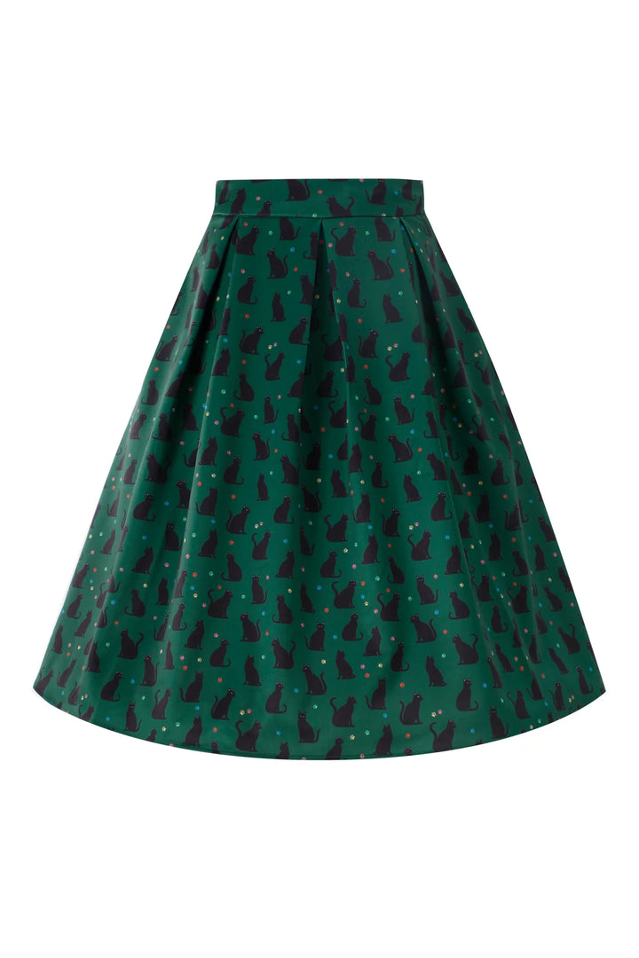 Aisley Black Cat on Green Pleated Midi Skirt