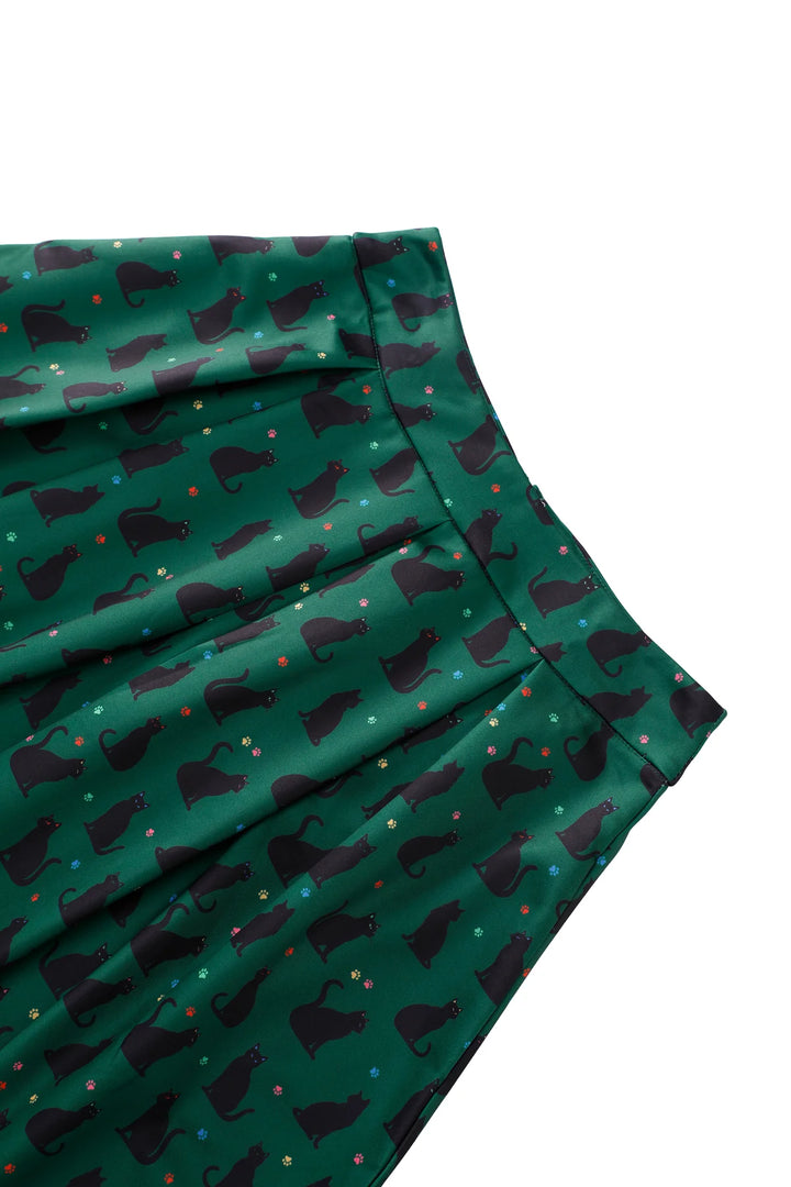 Aisley Black Cat on Green Pleated Midi Skirt