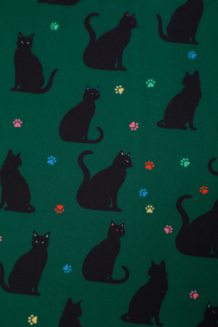 Aisley Black Cat on Green Pleated Midi Skirt