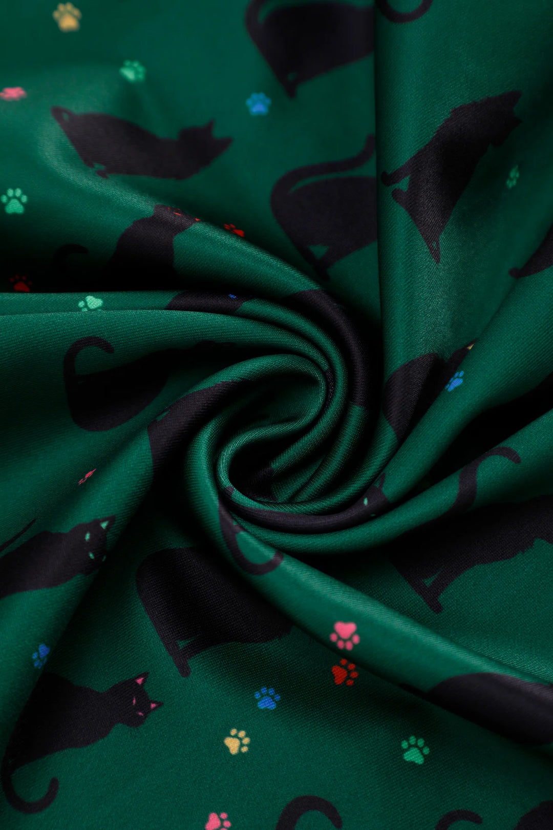 Aisley Black Cat on Green Pleated Midi Skirt