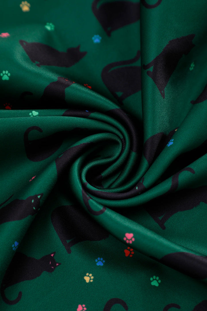 Aisley Black Cat on Green Pleated Midi Skirt