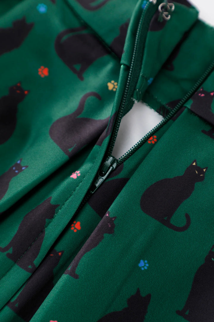 Aisley Black Cat on Green Pleated Midi Skirt